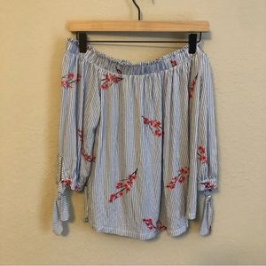 OLIVE & Oak Women Off The Shoulder Short Sleeve Blouse Striped Flowers Blue